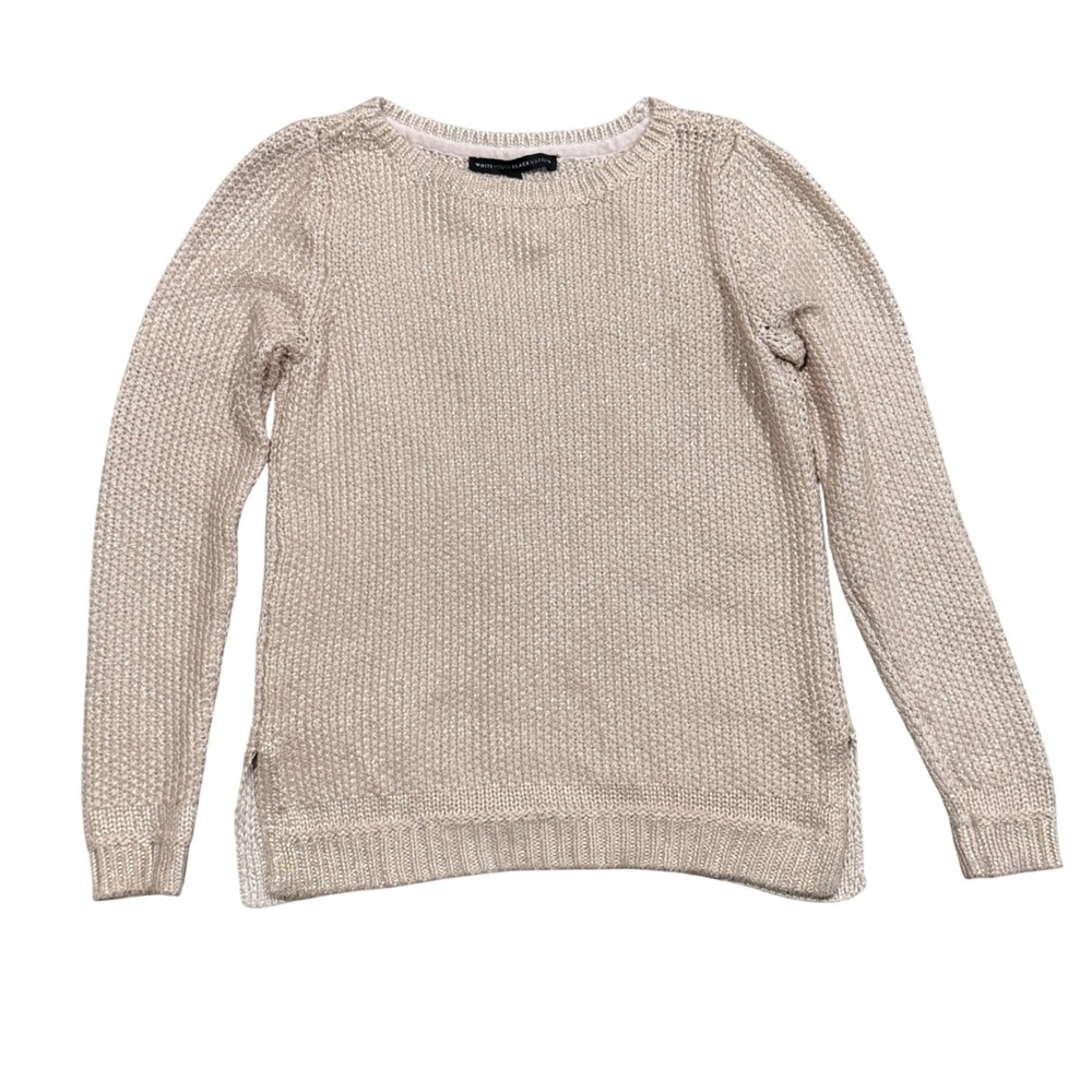 White House Black Market Metallic Gold Knit Sweater Crew Neck Side Slit NWT M